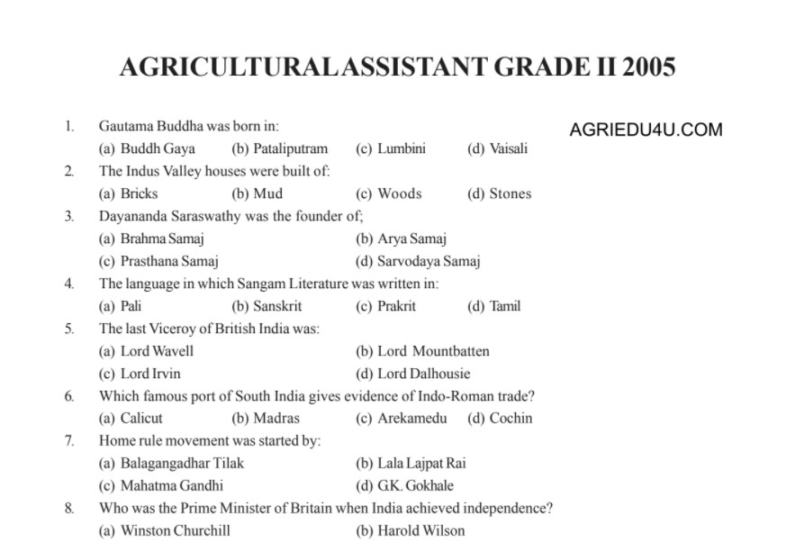 Kerala agriculture assistant previous question papers
